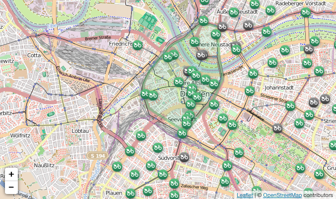 Karte von sz-bike.de mit flexzone (leicht grün hinterlegt) und Fahrradstandorten